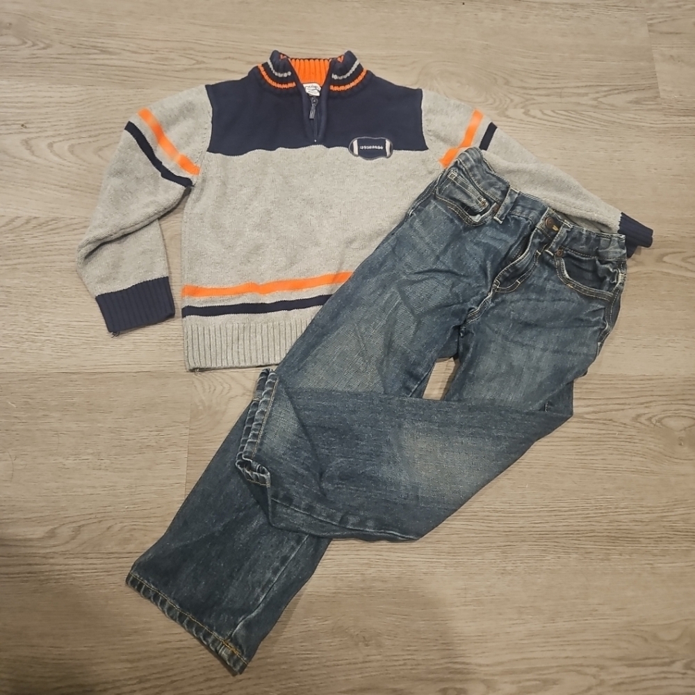 Hartstrings Football Sweater 6/ Tucker and Tate Jeans 5 boys Sz 5/6 Outfit